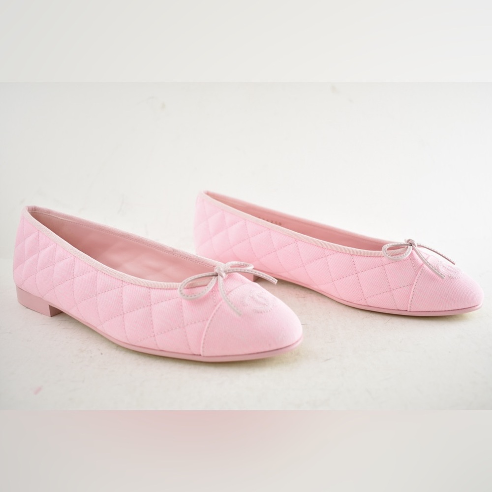 Chanel 26P Light Pink Denim Quilted CC Logo Bow Tie Ballet Ballerina Flat 39 - Picture 4 of 16